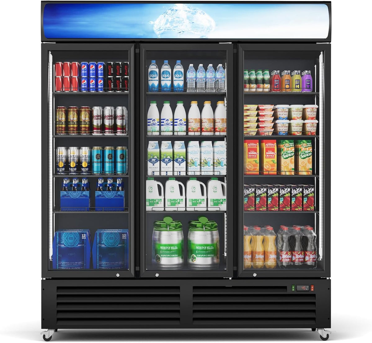 Ecojoy 56 Cu.Ft Merchandiser Cooler, 3 Doors Commercial Display Fridge Beverage Refrigerator with Adjustable Shelves, LED Lighting，32-50°F, Lockable Doors & Braked Casters for Store, Shop, Office