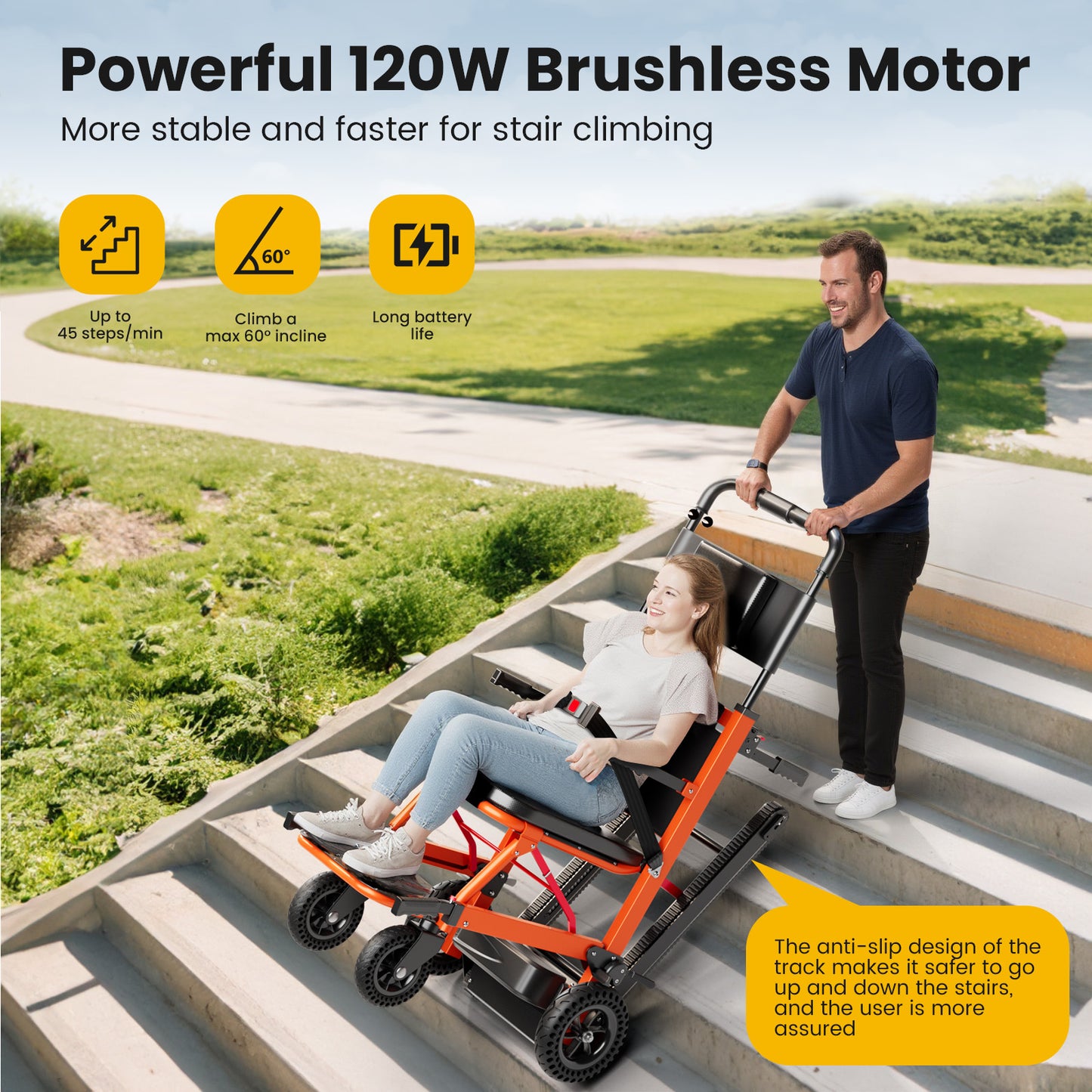 Ecojoy Electric Stair Climbing Wheelchair for Adults, Large Rear Wheels, Portable & Foldable, Orange, 441lb Limit