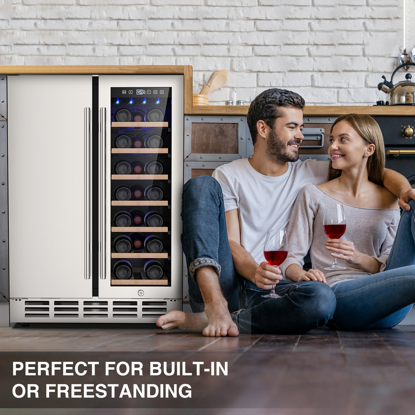 Dual Zone Wine Cooler Beverage Refrigerator, 24 inch Wine Coolers Fridge Side by Side Refrigerator Glass Fridge with Safety Locks for 20 Bottles and 57 Cans