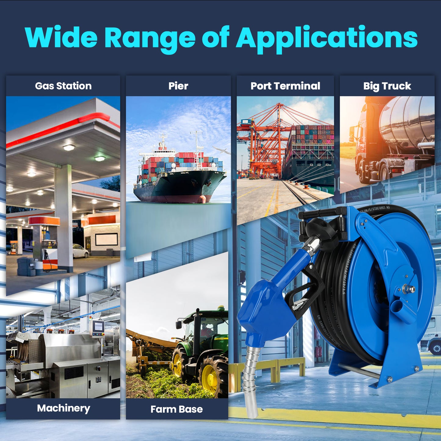 Retractable Fuel Hose Reel with Refueling Nozzle Gun, 3/4" x 50ft Spring Driven Diesel Hose Reel 300 PSI Industrial Auto Swivel Heavy Duty Steel Construction Reel for Ship Vehicle Tank Truck