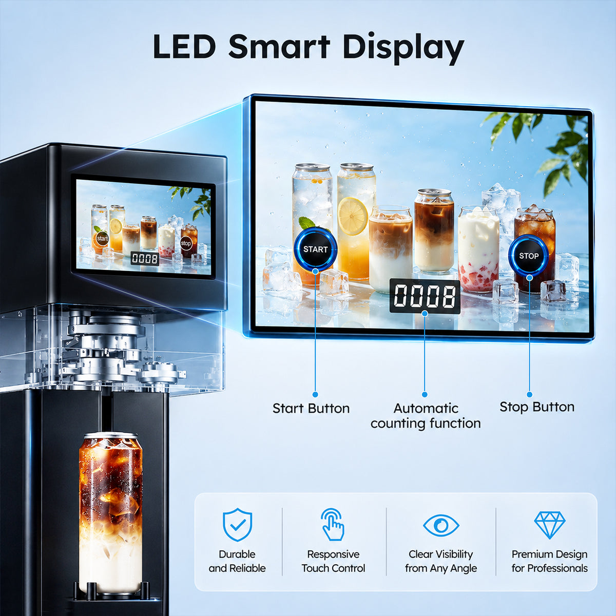 Ecojoy Commercial Soda Can Sealer, Automatic Height Detection, 55 mm 202 Can Sealing Machine, No Cup Pads Required, Adjustable for 45–100 mm (1.77–3.94") Containers, Touchscreen One-Touch Control