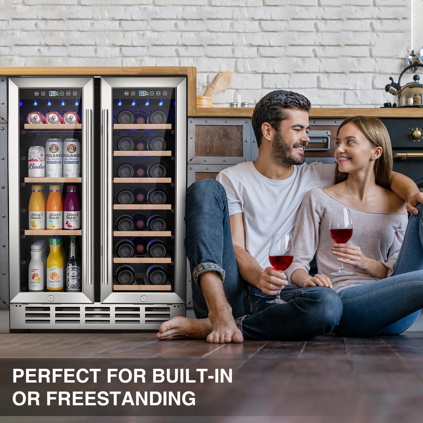 Dual Zone Wine Cooler Beverage Refrigerator, 24 inch Wine Coolers Fridge with Safety Locks and Glass Door for 20 Bottles and 57 Cans