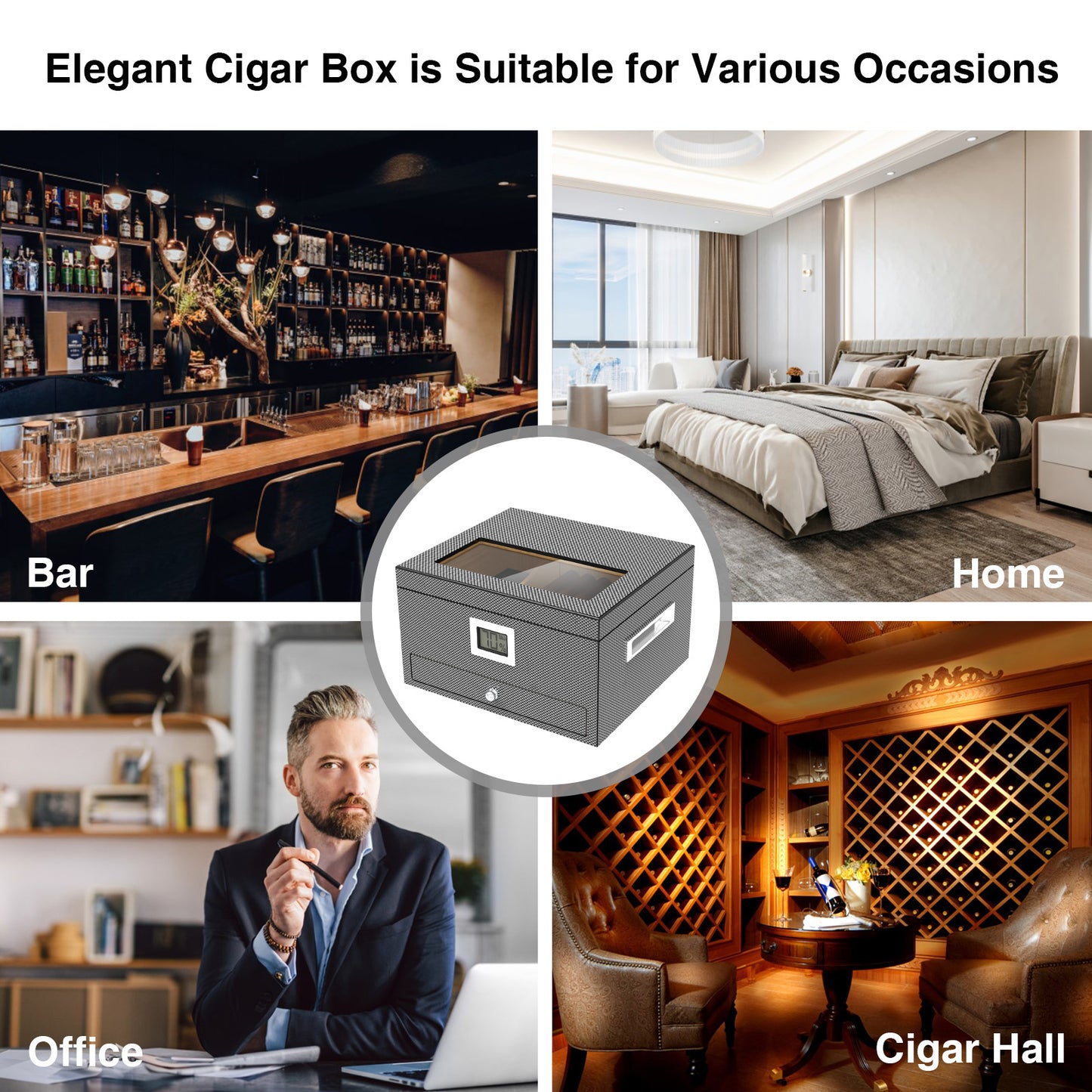 Cigar Humidor Case Box with Electric Hygrometer Humidifier Divider and Spanish Cedar Wood Shelf for 25-50 Counts, Luxuary Glass Cigar Case for Men, Gray