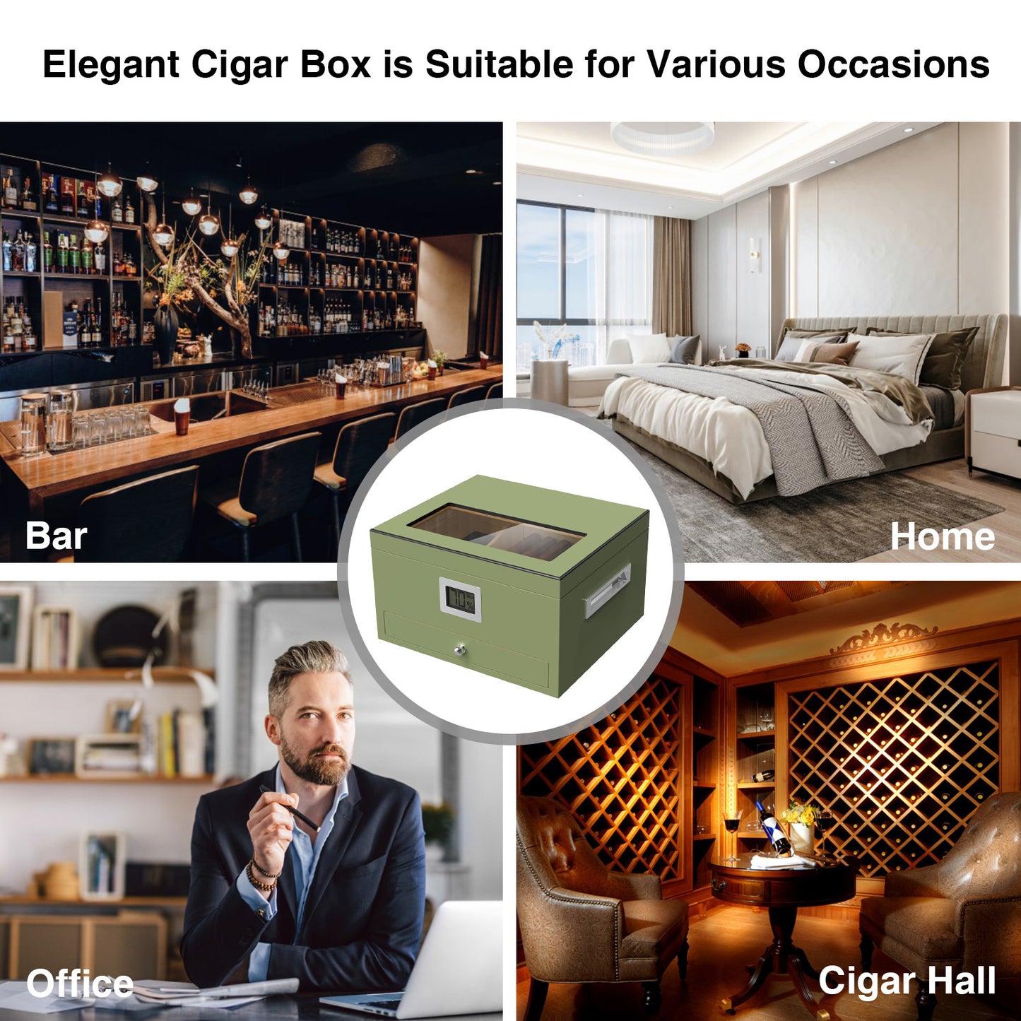 Cigar Humidor Case Box with Electric Hygrometer Humidifier Divider and Spanish Cedar Wood Shelf for 25-50 Counts, Luxuary Glass Cigar Case for Men, Green