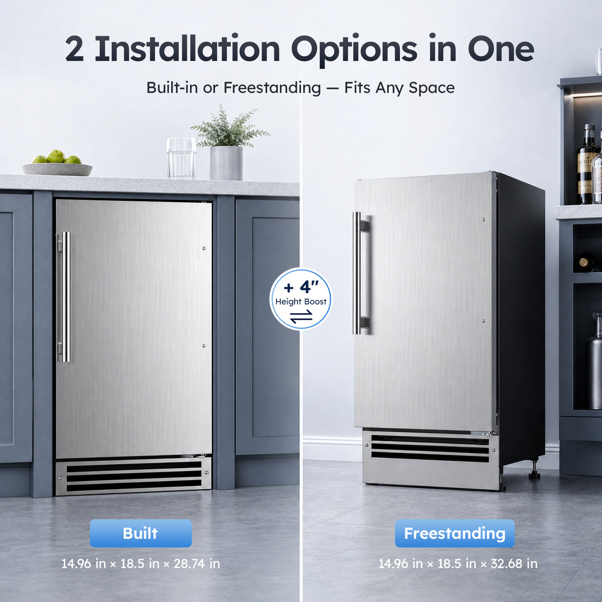 Ecojoy Under Counter Ice Maker, Crescent Ice Maker Machine Commercial, 25Lbs/24H with 22lbs Storage Bin, No Drain Required, Built-in or Freestanding Ice Machine for Home Office Kitchen Bar