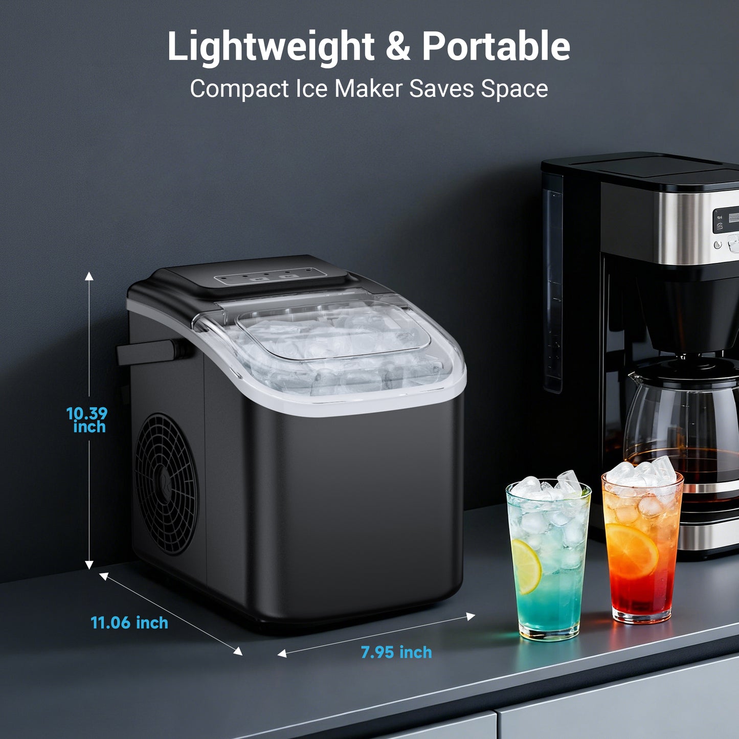 Ecojoy Countertop Ice Maker with Handle,Portable Ice Machine with Basket and Scoop, 8 Bullet Ice In 6 Mins, 26Lbs/24H, Self-Cleaning