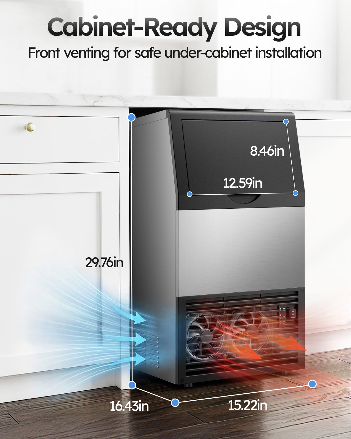 Ecojoy Commercial Ice Maker Machine, 100 lbs/24h with 33 lbs Storage, Built-in/Freestanding/Under Counter, 36 Cubes per Cycle, Stainless Steel Ice Maker with LED Display & Self-Cleaning for Home