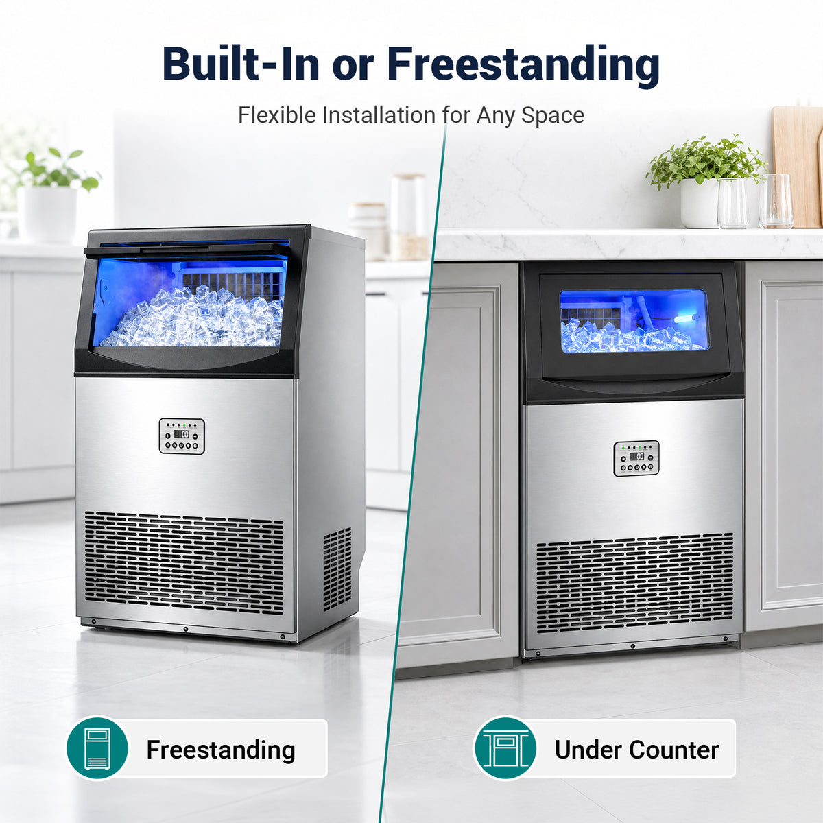 Ecojoy Commercial Ice Maker Machine 200Lbs/24H, 50Lbs Storage Bin, Freestanding & Under Counter Ice Maker | 55 Ice Cubes in 5-15 min | Thicknesses Adjustable | Commercial Ice Machine, Stainless Steel