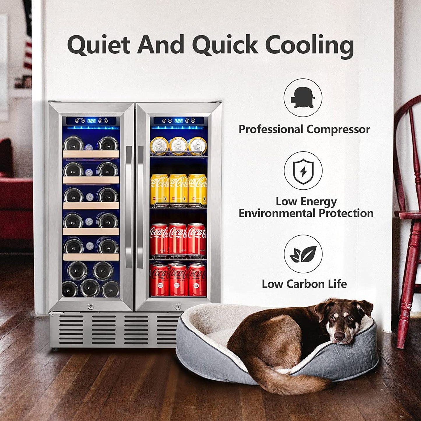 Dual Zone Wine Cooler Beverage Refrigerator, 24 inch Wine Coolers Fridge with Safety Locks and Glass Door for 20 Bottles and 57 Cans