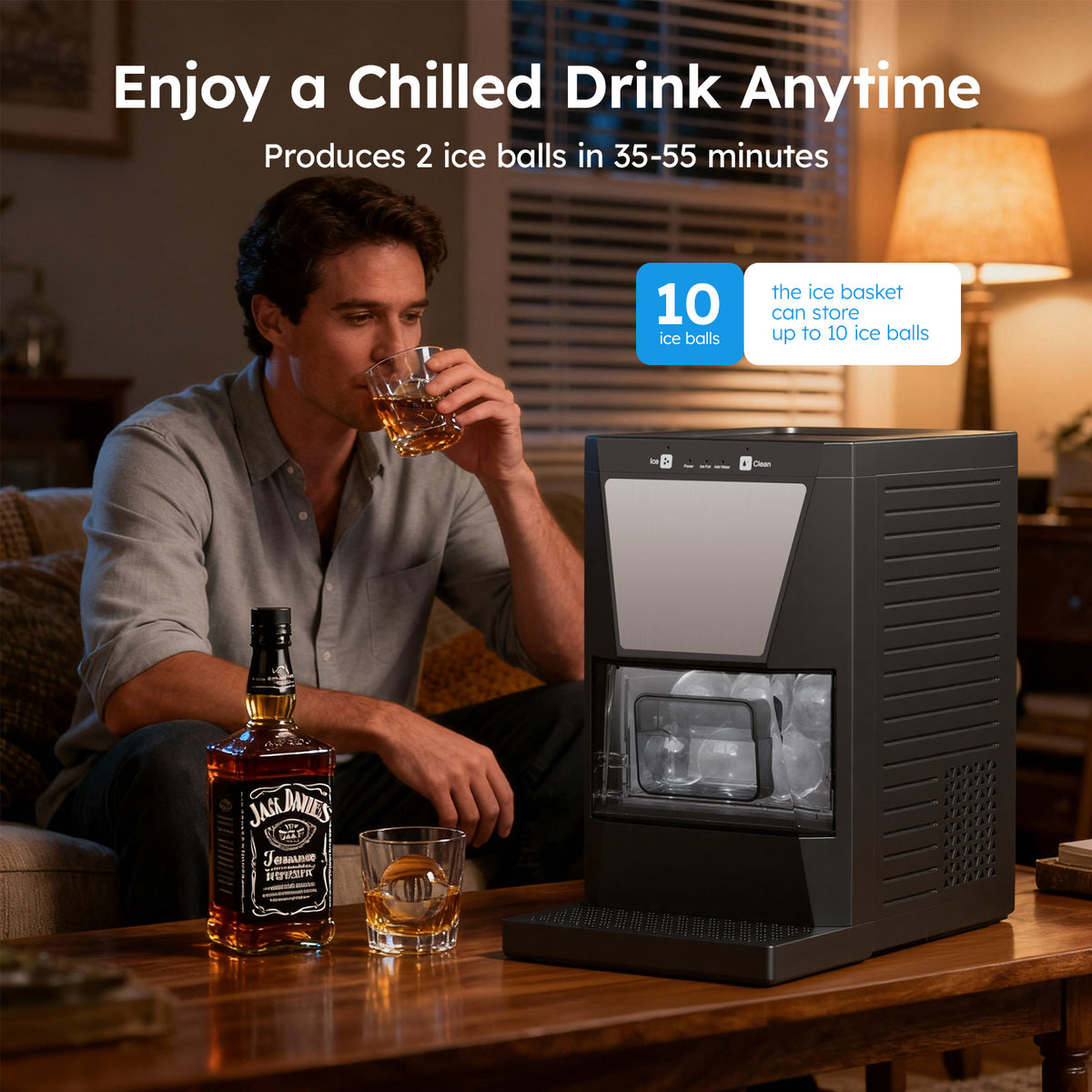 Ecojoy Ball Ice Maker Machine with Self-Cleaning Function - Makes Crystal Clear Ice Balls for Whiskey & Cocktails