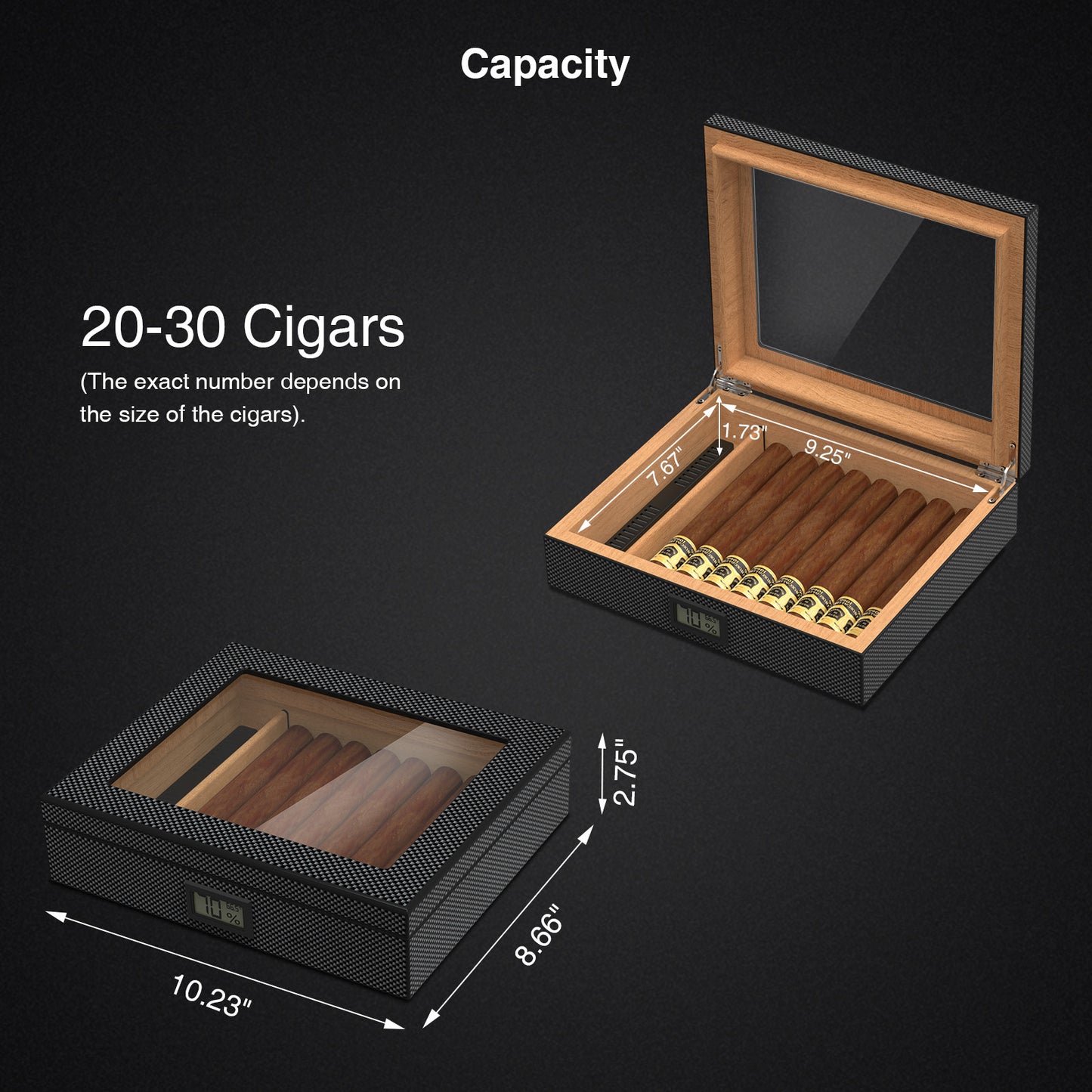 Cigar Humidor Case Box with Electric Hygrometer Humidifier Divider and Spanish Cedar Wood Shelf for 20-30 Counts, Great Gifts for Men, Gray