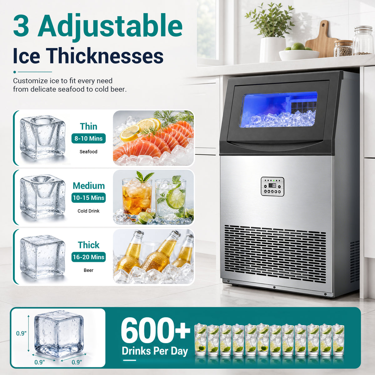Ecojoy Commercial Ice Maker Machine 200Lbs/24H, 50Lbs Storage Bin, Freestanding & Under Counter Ice Maker | 55 Ice Cubes in 5-15 min | Thicknesses Adjustable | Commercial Ice Machine, Stainless Steel