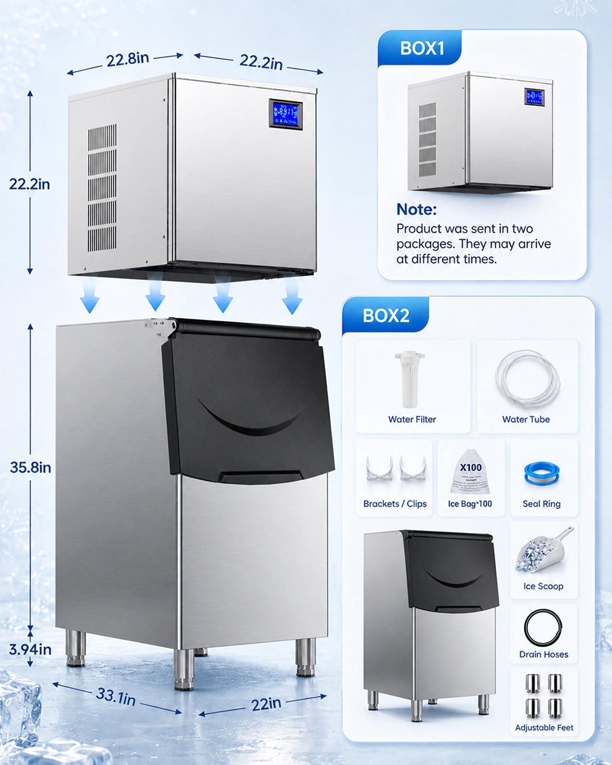 Ecojoy 700 Lbs/24H Commercial Ice Maker Machine with 500 Lbs Storage Bin, Air-Cooled Ice Maker Producing 156 Cubes Every 8–15 Minutes, Adjustable Ice Thickness, ETL Approved, Self-Cleaning for Bar, C