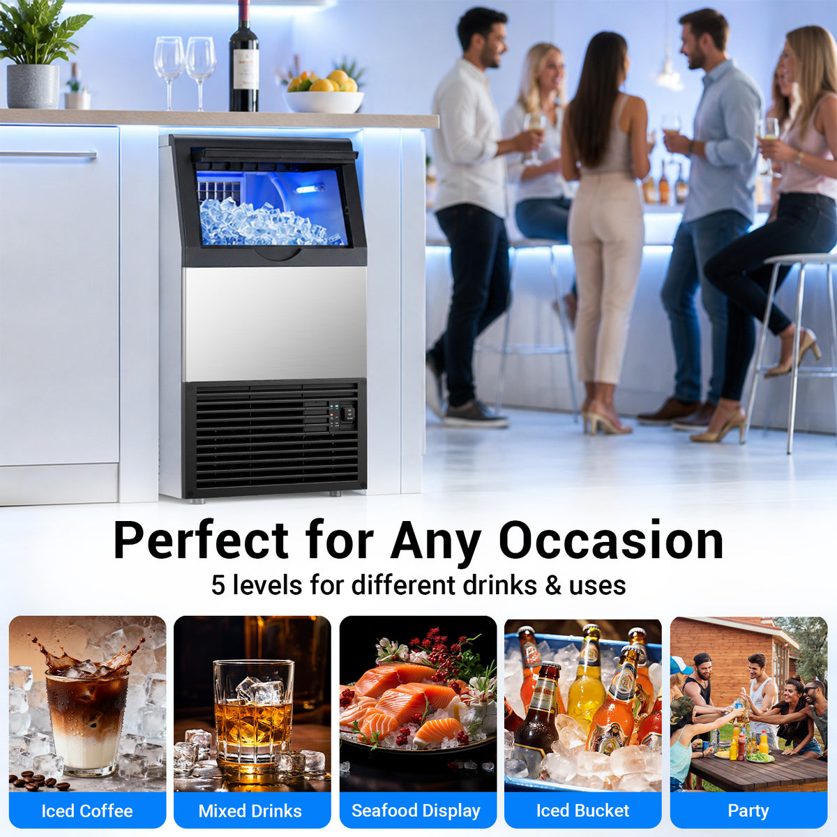 Ecojoy Commercial Under Counter Ice Maker, 100lbs/24H Ice Output, 33lbs Insulated Storage, Stainless Steel Built-in Freestanding Ice Machine with Self-Cleaning for Home Bar