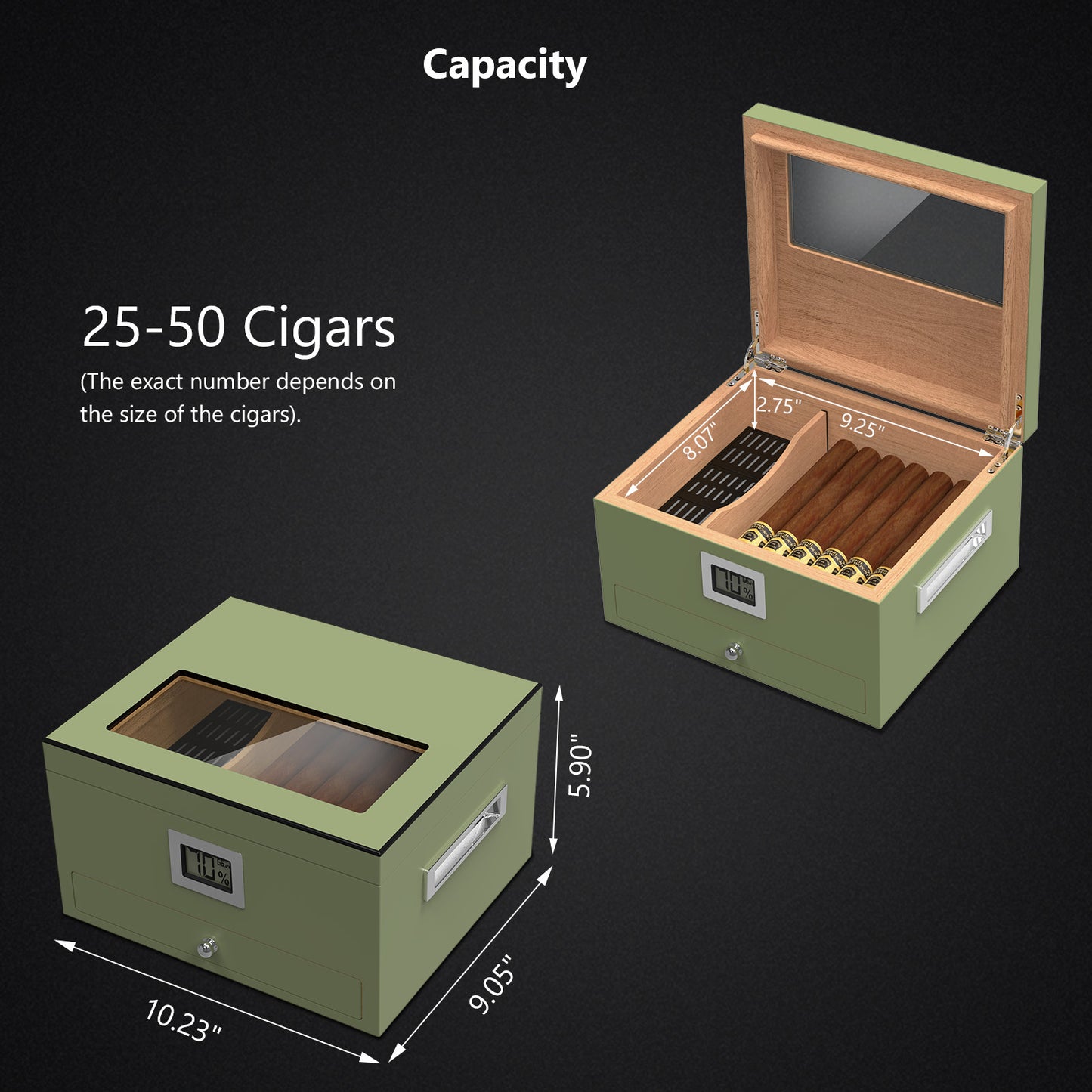 Cigar Humidor Case Box with Electric Hygrometer Humidifier Divider and Spanish Cedar Wood Shelf for 25-50 Counts, Luxuary Glass Cigar Case for Men, Green