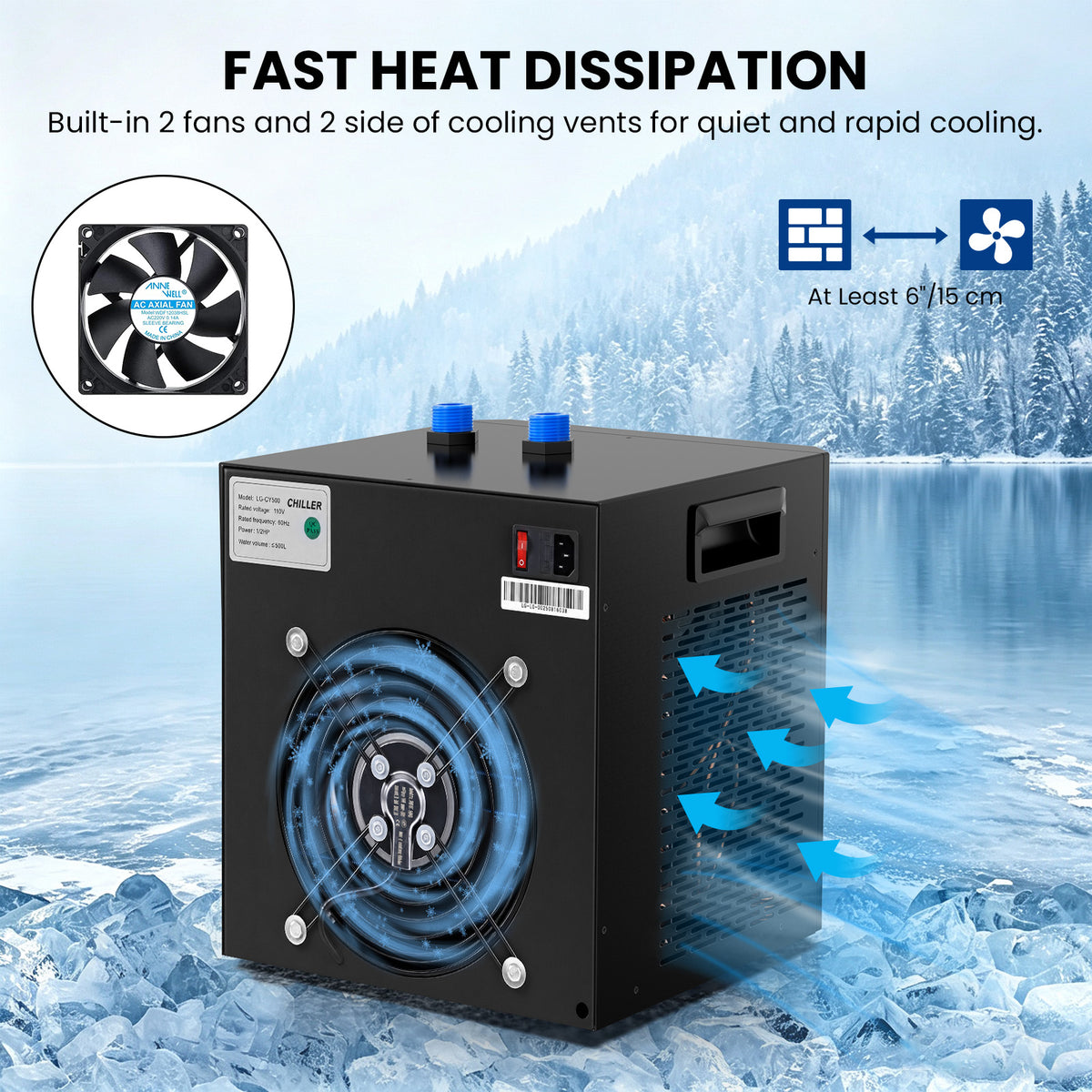 Ecojoy 1/2 HP Aquarium Chiller, Quiet Fish Tank Water Chiller 100-132 Gal Energy-Saving Aquarium Cooler with Pump & Tubing for Large Saltwater Freshwater Axolotl Coral Reef Hydroponic Systems