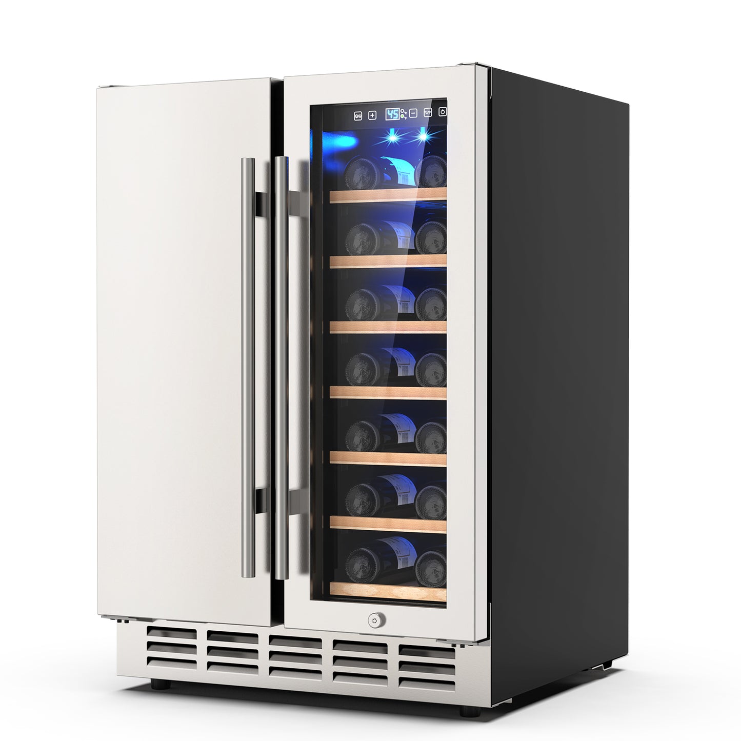 Dual Zone Wine Cooler Beverage Refrigerator, 24 inch Wine Coolers Fridge Side by Side Refrigerator Glass Fridge with Safety Locks for 20 Bottles and 57 Cans