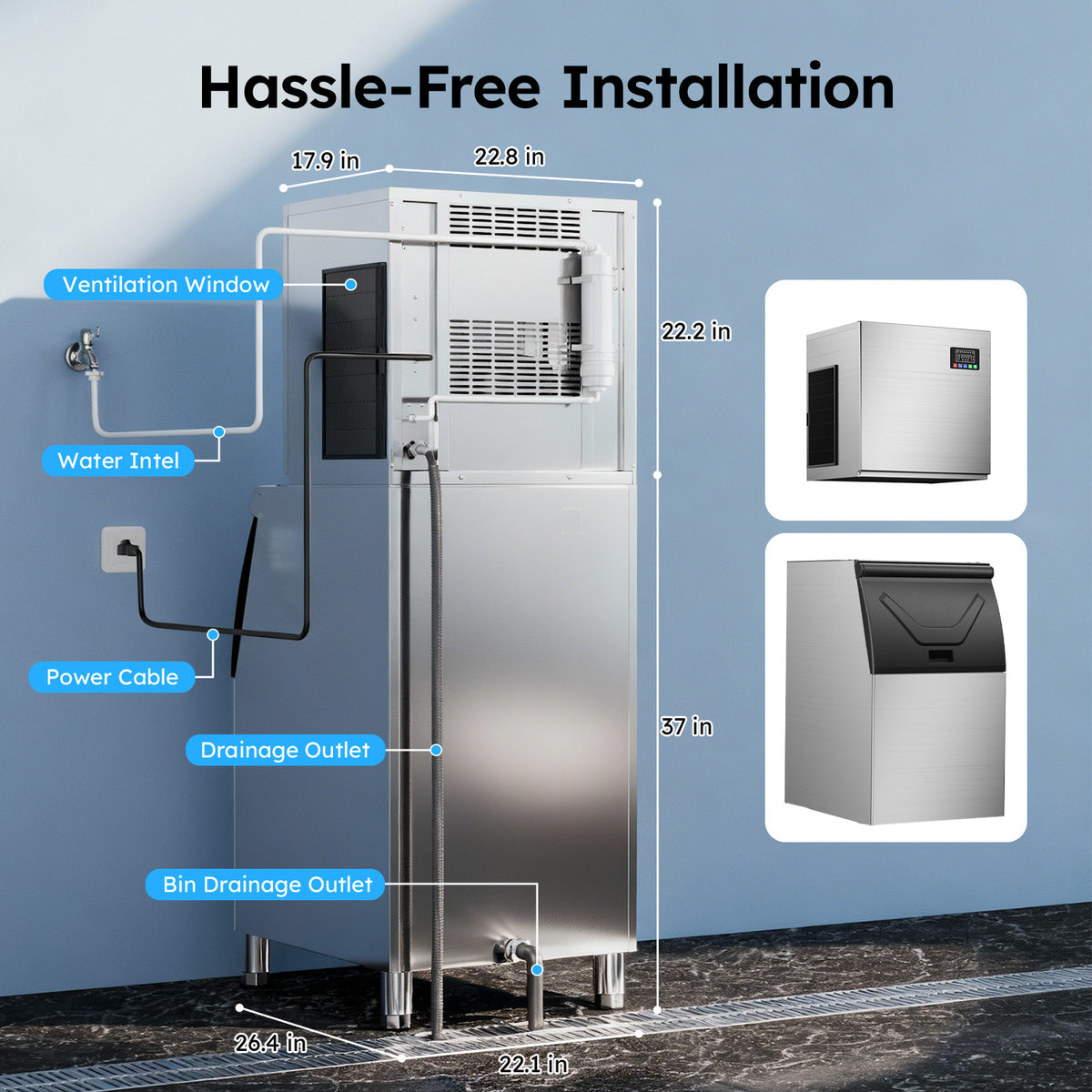 Ecojoy 550 lbs/24H Commercial Ice Maker Machine with 400 lbs Storage Bin, Self-Cleaning Mode, Built-In Water Filter, 30-Level Ice Thickness Control for Restaurant, Bar, Hotel and Industrial Use