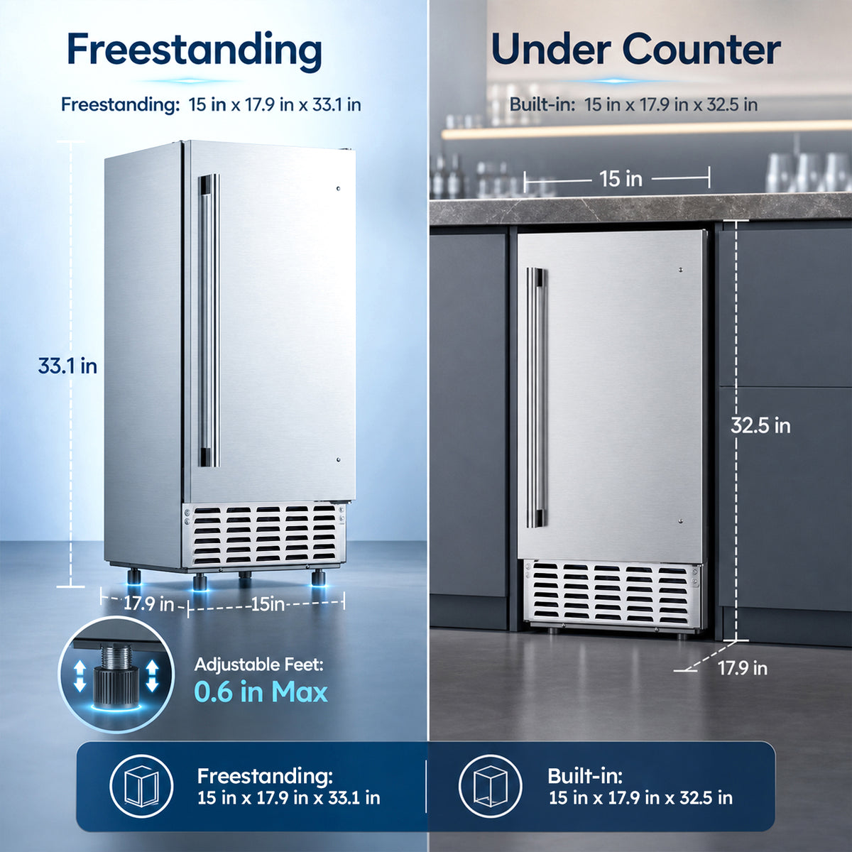Ecojoy Nugget Ice Maker 66 Lbs/24H Under Counter Ice Machine 2-Drawer Ice Baskets, Built-in or Freestanding, Auto-Cleaning Function, Full Stainless Steel Finish, for Home Bar Cafe Kitchens