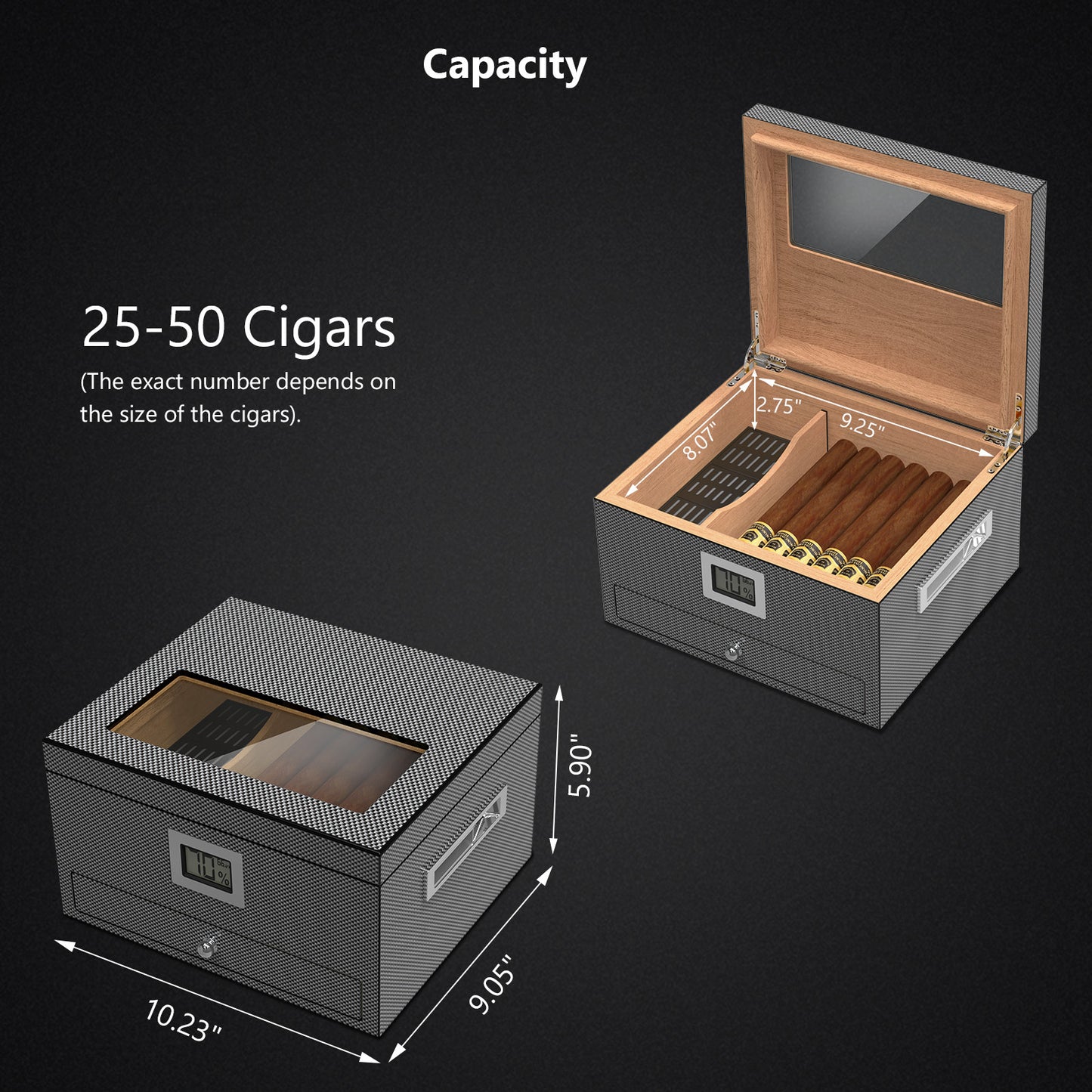 Cigar Humidor Case Box with Electric Hygrometer Humidifier Divider and Spanish Cedar Wood Shelf for 25-50 Counts, Luxuary Glass Cigar Case for Men, Gray