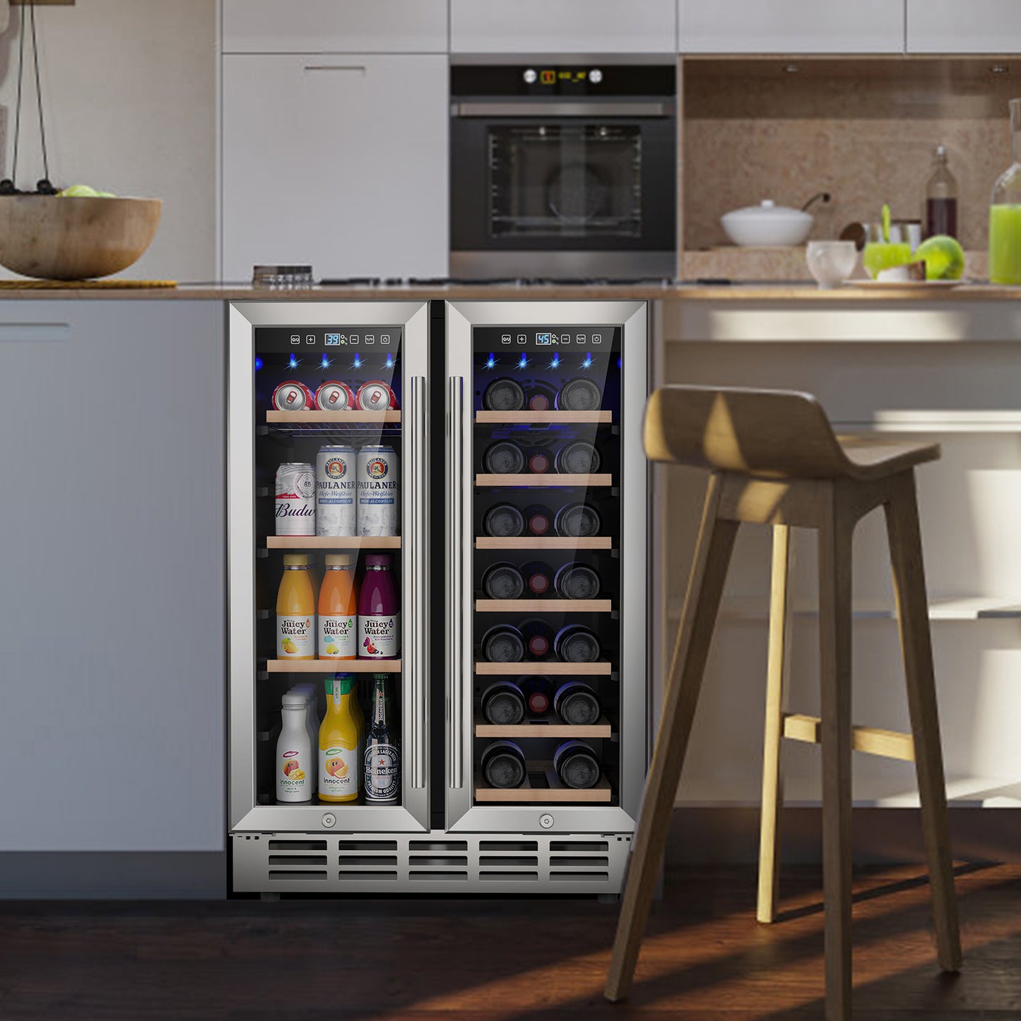 Dual Zone Wine Cooler Beverage Refrigerator, 24 inch Wine Coolers Fridge with Safety Locks and Glass Door for 20 Bottles and 57 Cans