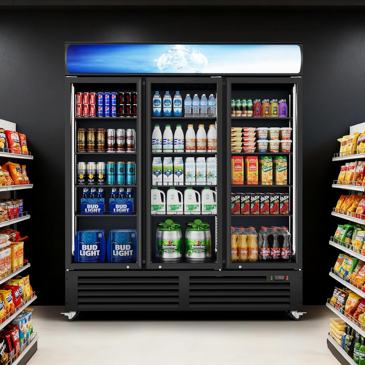 Ecojoy 56 Cu.Ft Merchandiser Cooler, 3 Doors Commercial Display Fridge Beverage Refrigerator with Adjustable Shelves, LED Lighting，32-50°F, Lockable Doors & Braked Casters for Store, Shop, Office