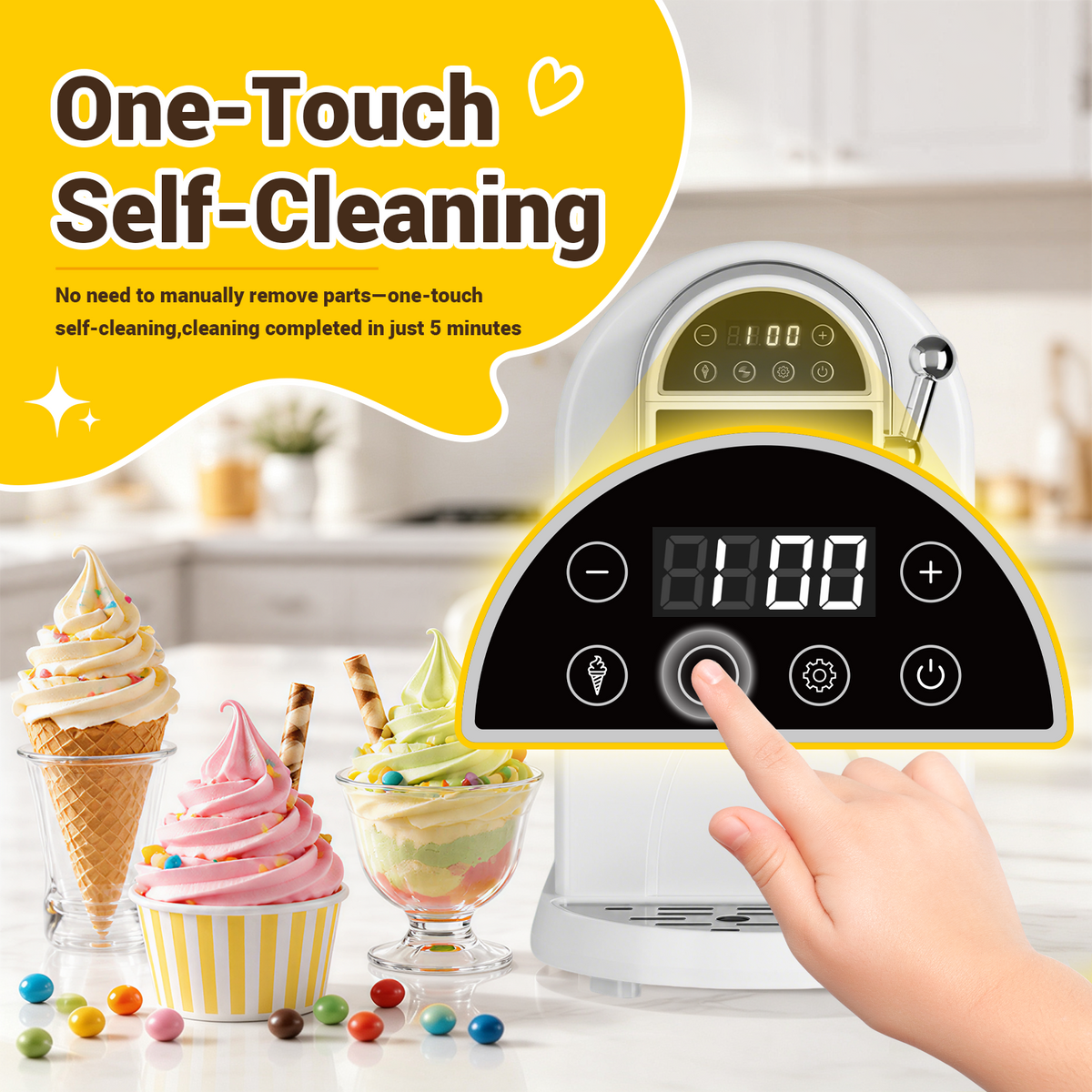 Ecojoy Soft Serve Ice Cream Machine 1.25Qt | No Pre-Freezing Countertop Ice Cream Maker for Home | Built-In Compressor | Adjustable Hardness, LED Display | Frozen Yogurt, Dairy Free