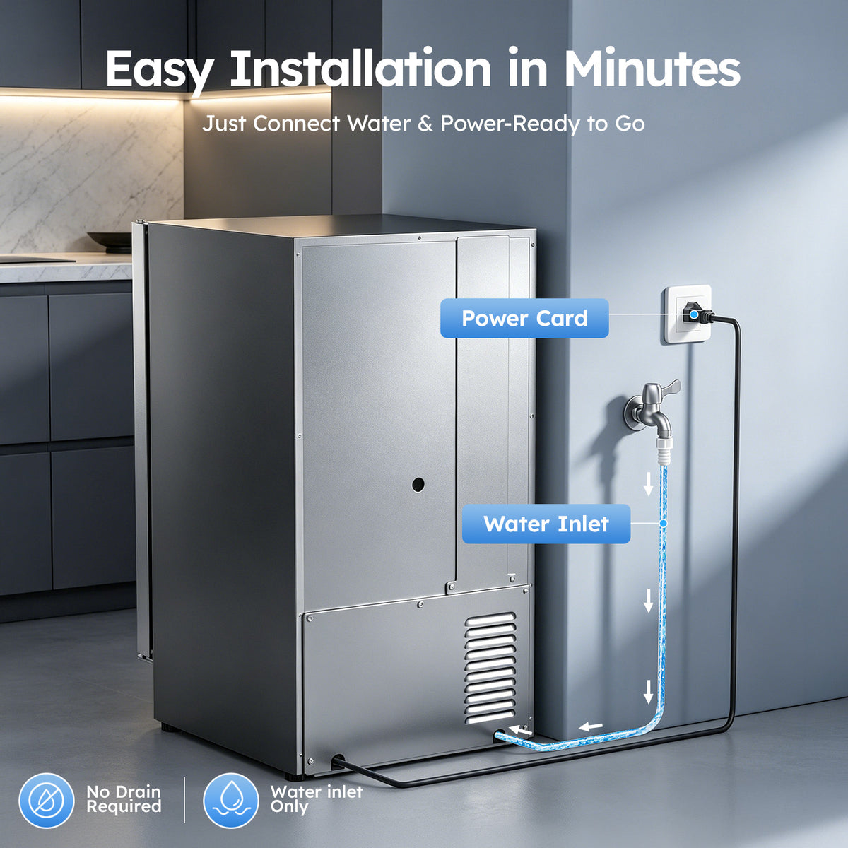Ecojoy Under Counter Ice Maker, Crescent Ice Maker Machine Commercial, 25Lbs/24H with 22lbs Storage Bin, No Drain Required, Built-in or Freestanding Ice Machine for Home Office Kitchen Bar