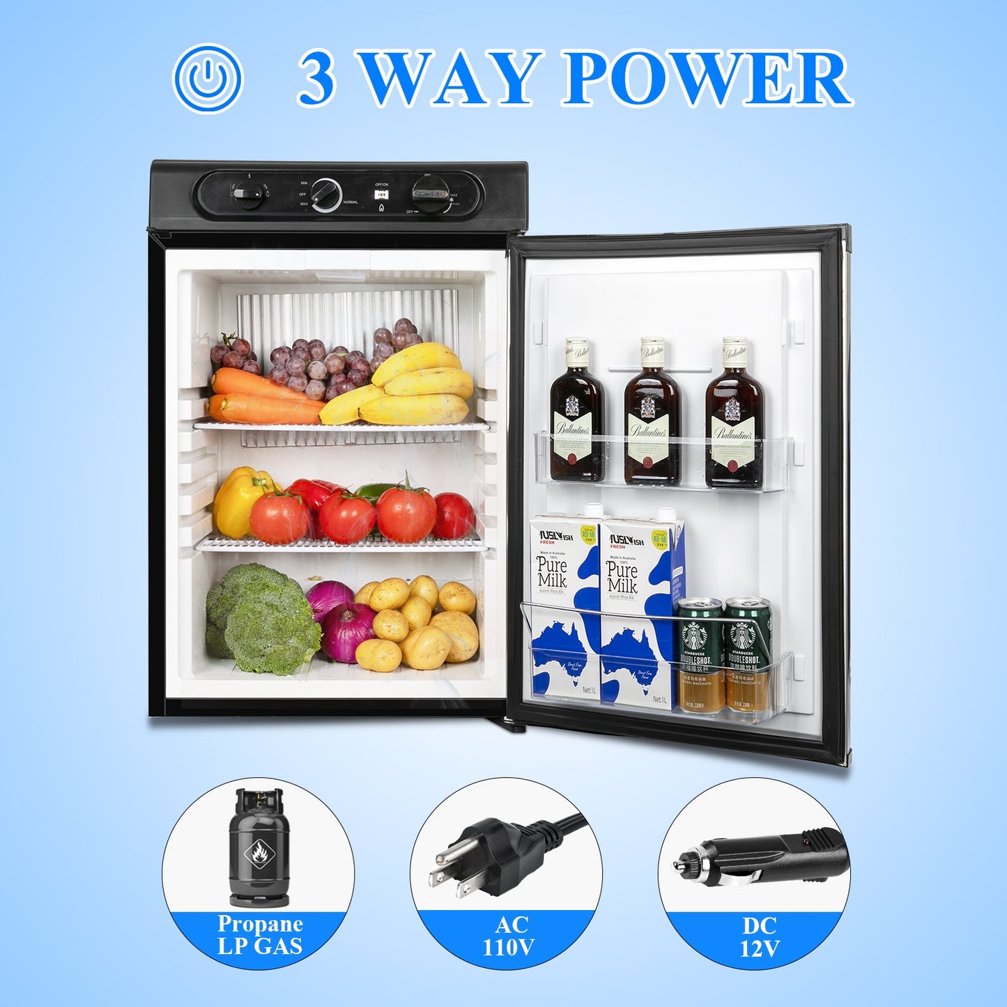 Propane Refrigerator, 3 Way 2.1 Cu.Ft Camper Gas Refrigerator, 120V 12V Quiet Outdoor Camper RV Fridge for Semi Truck, Truck, Camper Van, Boat and Garage