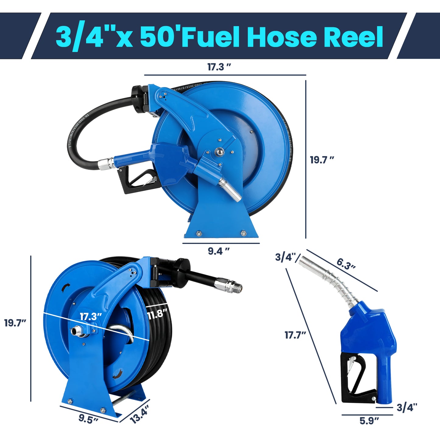 Retractable Fuel Hose Reel with Refueling Nozzle Gun, 3/4" x 50ft Spring Driven Diesel Hose Reel 300 PSI Industrial Auto Swivel Heavy Duty Steel Construction Reel for Ship Vehicle Tank Truck