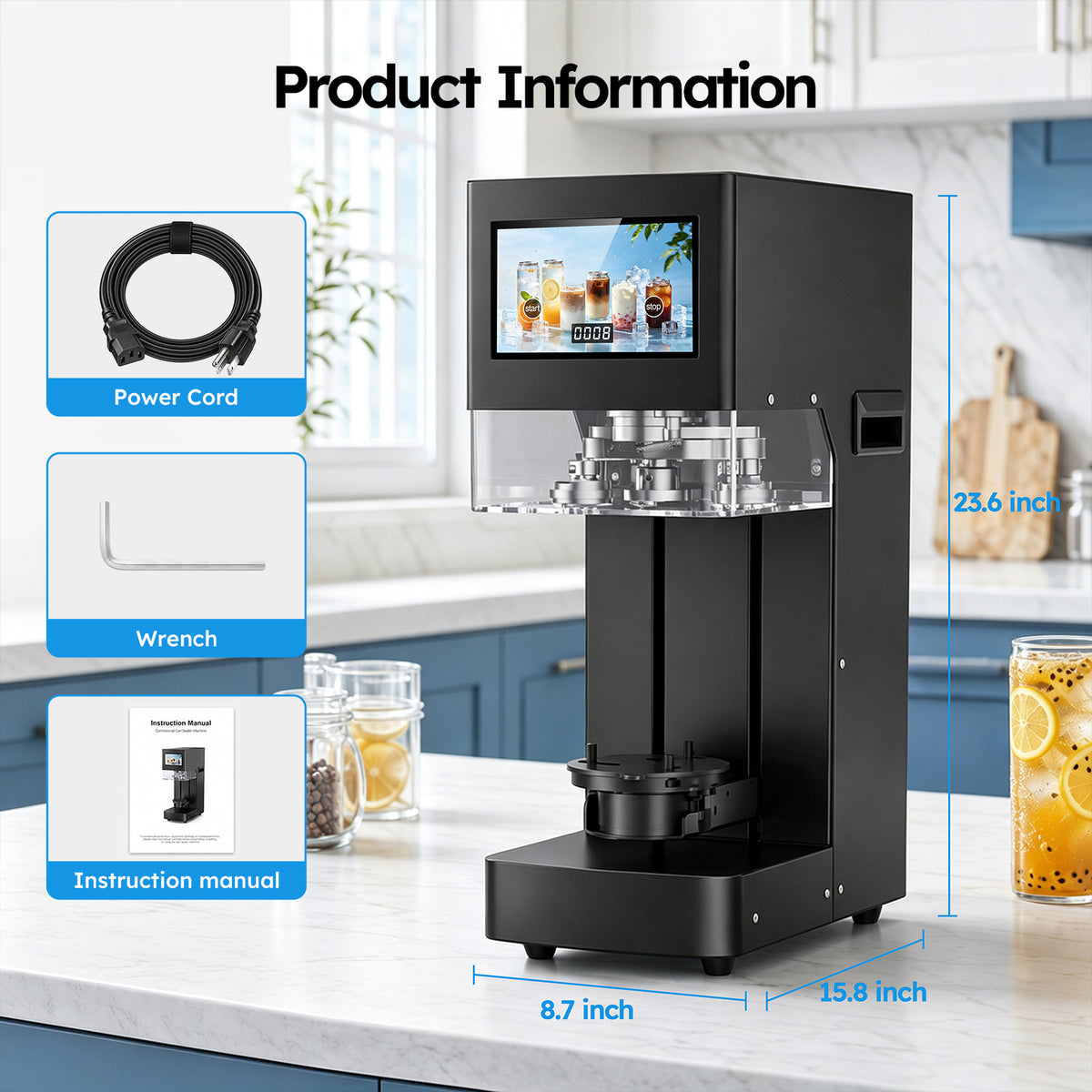 Ecojoy Commercial Soda Can Sealer, Automatic Height Detection, 55 mm 202 Can Sealing Machine, No Cup Pads Required, Adjustable for 45–100 mm (1.77–3.94") Containers, Touchscreen One-Touch Control