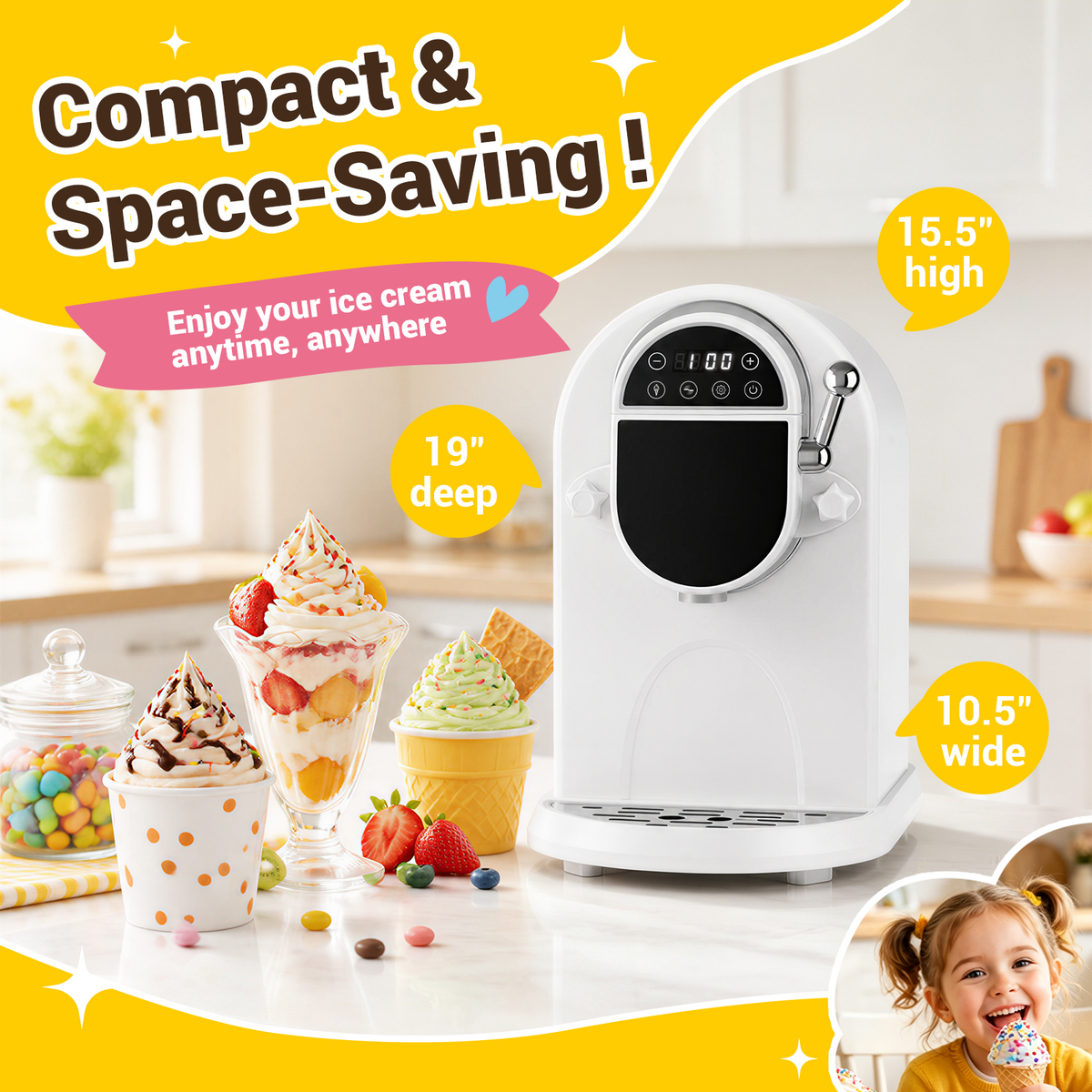 Ecojoy Soft Serve Ice Cream Machine 1.25Qt | No Pre-Freezing Countertop Ice Cream Maker for Home | Built-In Compressor | Adjustable Hardness, LED Display | Frozen Yogurt, Dairy Free