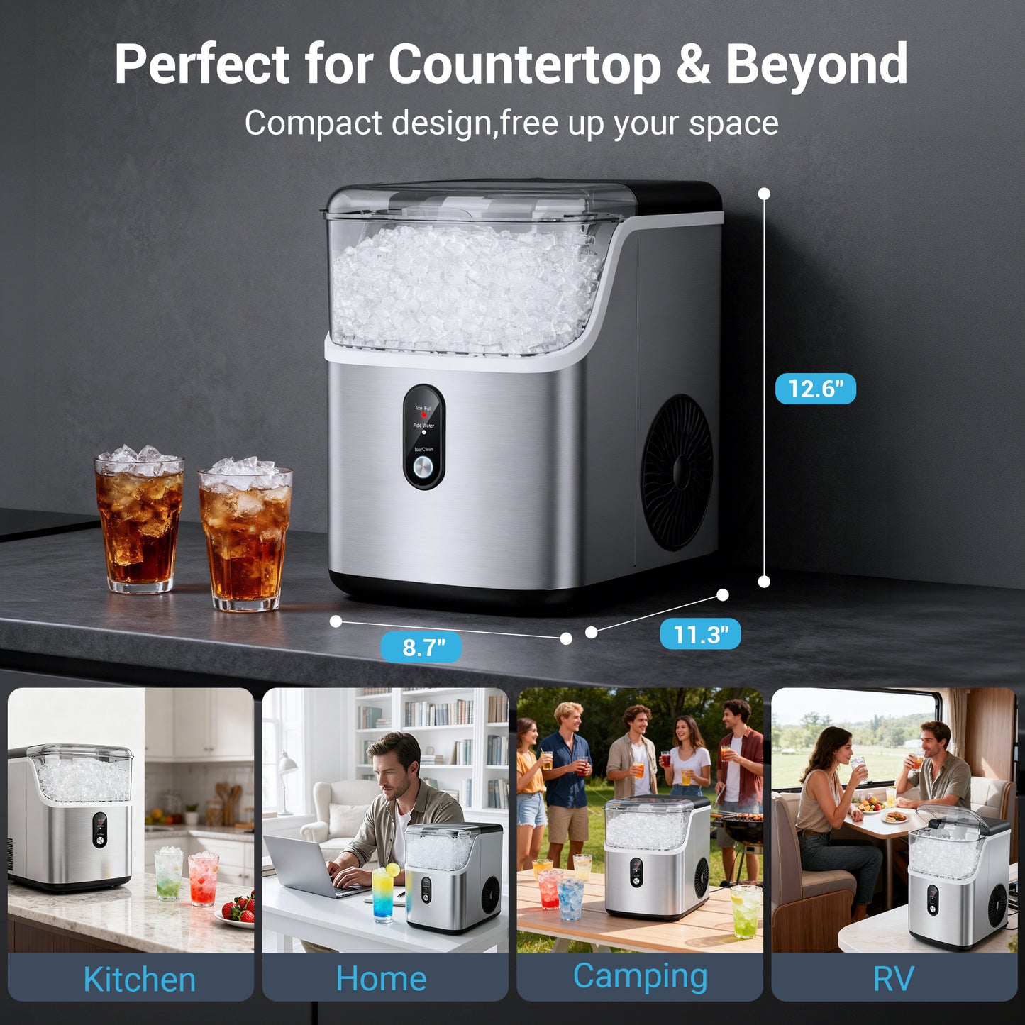 Ecojoy 35lbs/24H Nugget Ice Maker Countertop,Portable Ice Maker Machine with Auto-Cleaning, Black