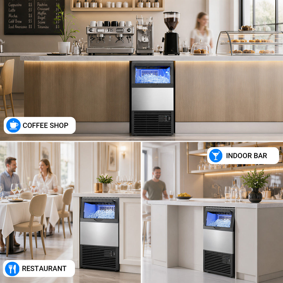 Ecojoy Commercial Under Counter Ice Maker, 100lbs/24H Ice Output, 33lbs Insulated Storage, Stainless Steel Built-in Freestanding Ice Machine with Self-Cleaning for Home Bar