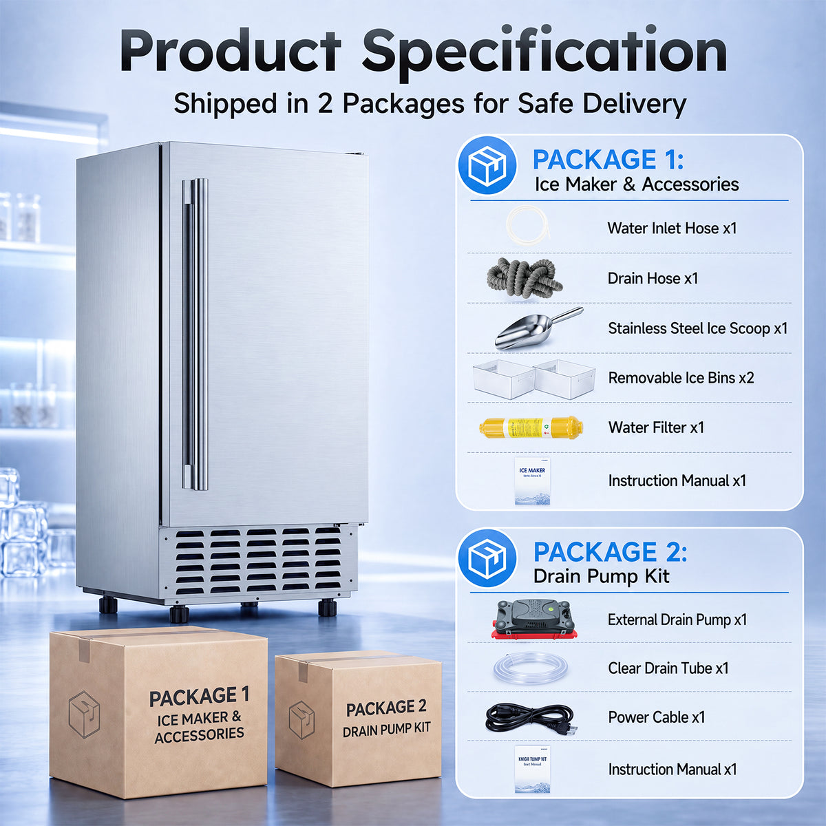 Ecojoy Nugget Ice Maker 66 Lbs/24H Under Counter Ice Machine 2-Drawer Ice Baskets, Built-in or Freestanding, Auto-Cleaning Function, Full Stainless Steel Finish, for Home Bar Cafe Kitchens