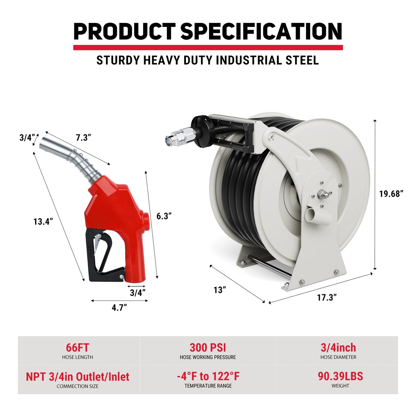 Retractable Fuel Hose Reel with Refueling Nozzle, 3/4" x 66ft Spring Driven Diesel Hose Reel 300 PSI Industrial Auto Swivel Heavy Duty Steel Construction Reel for Ship Vehicle Tank Truck