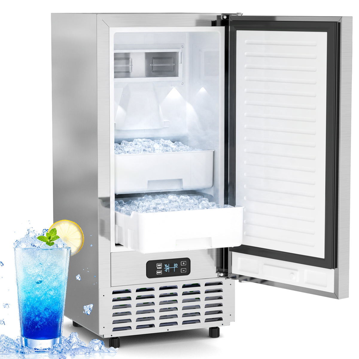 Ecojoy Nugget Ice Maker 66 Lbs/24H Under Counter Ice Machine 2-Drawer Ice Baskets, Built-in or Freestanding, Auto-Cleaning Function, Full Stainless Steel Finish, for Home Bar Cafe Kitchens