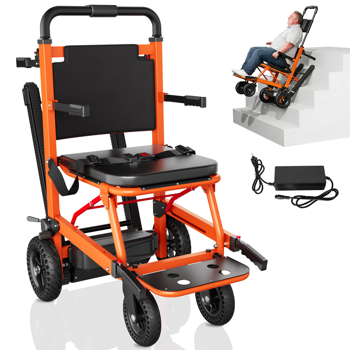 Ecojoy Electric Stair Climbing Wheelchair for Adults, Large Rear Wheels, Portable & Foldable, Orange, 441lb Limit