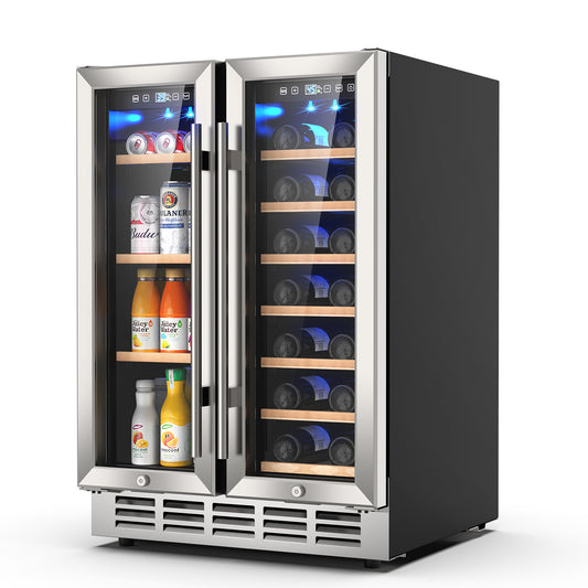 Dual Zone Wine Cooler Beverage Refrigerator, 24 inch Wine Coolers Fridge with Safety Locks and Glass Door for 20 Bottles and 57 Cans