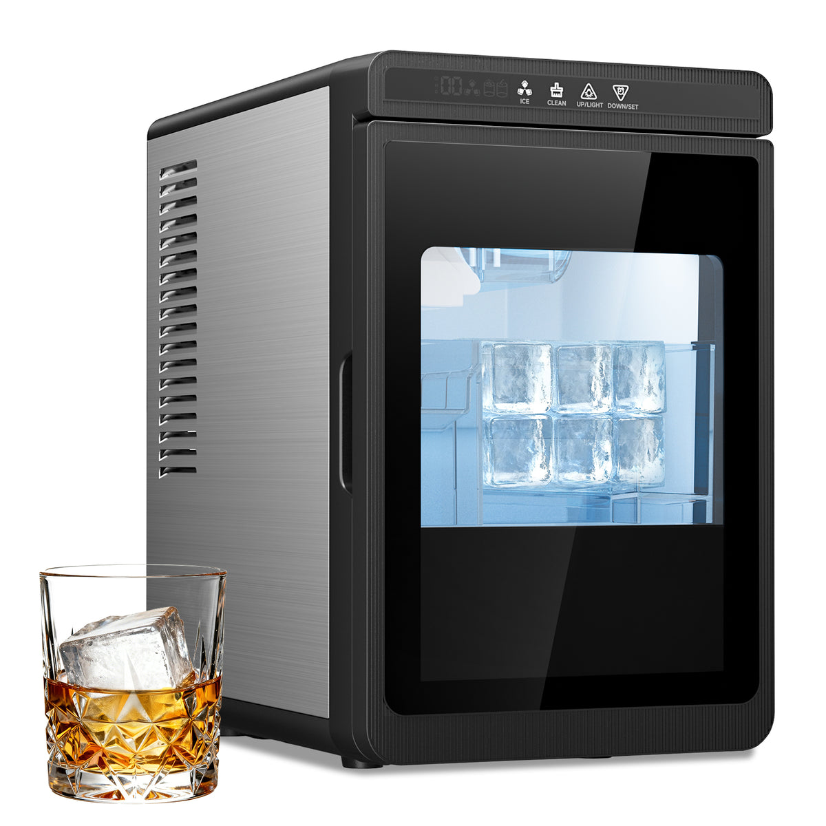 Ecojoy 1.6' Clear Ice Cube Maker Countertop, 200 Pcs Daily Cubes 3 Square Ice in 20-40 Mins for Whiskey, Slow-Melting & Self-Cleaning, 24H Timer, with Ice Tong for Home/Bar/Party