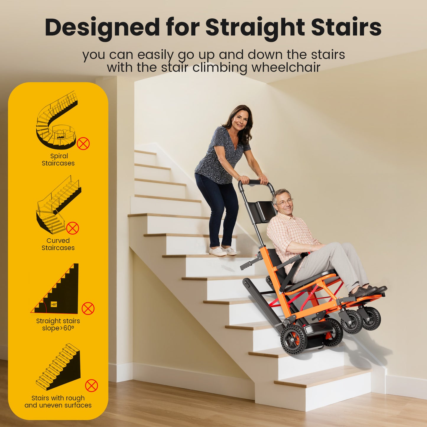 Ecojoy Electric Stair Climbing Wheelchair for Adults, Large Rear Wheels, Portable & Foldable, Orange, 441lb Limit