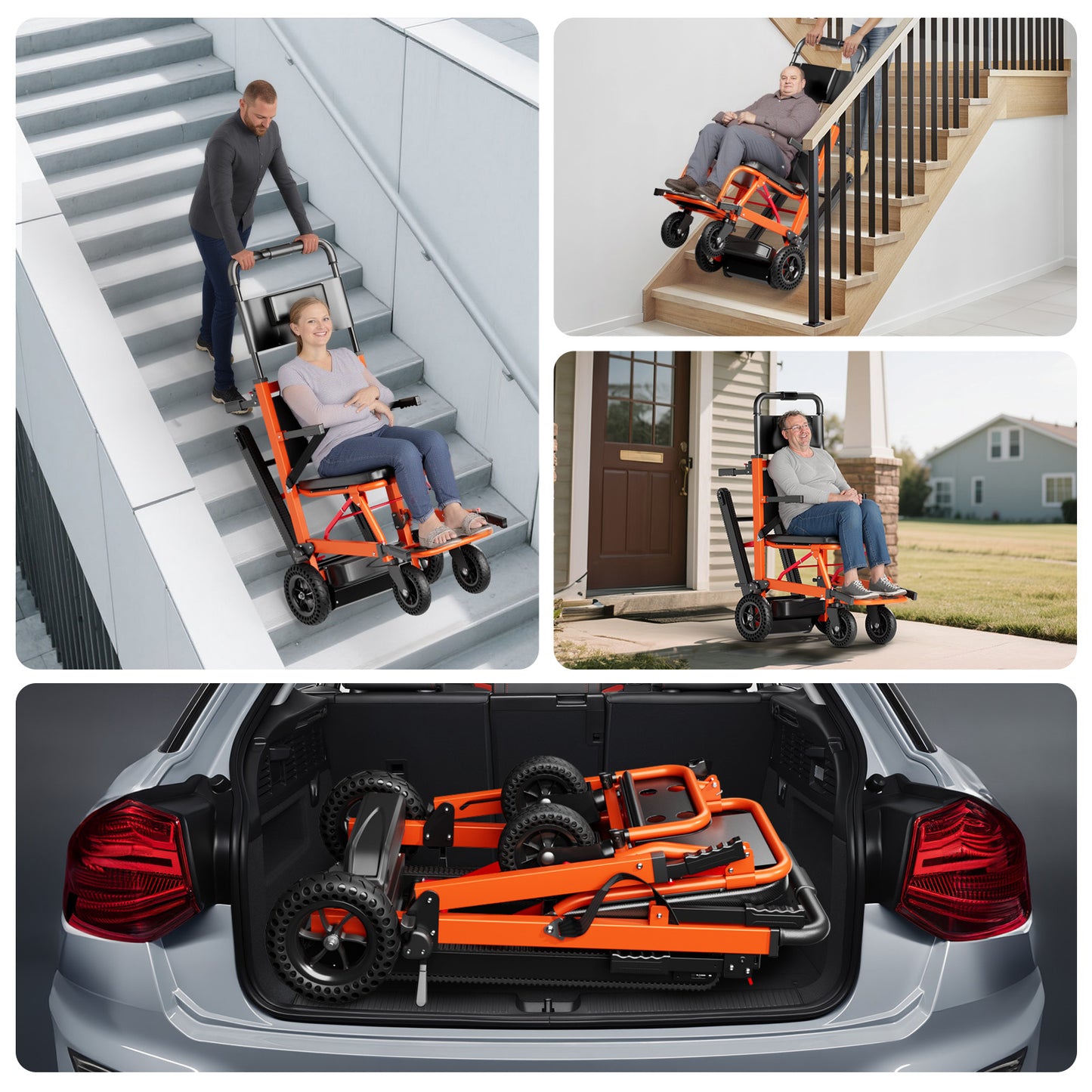 Ecojoy Electric Stair Climbing Wheelchair for Adults, Large Rear Wheels, Portable & Foldable, Orange, 441lb Limit