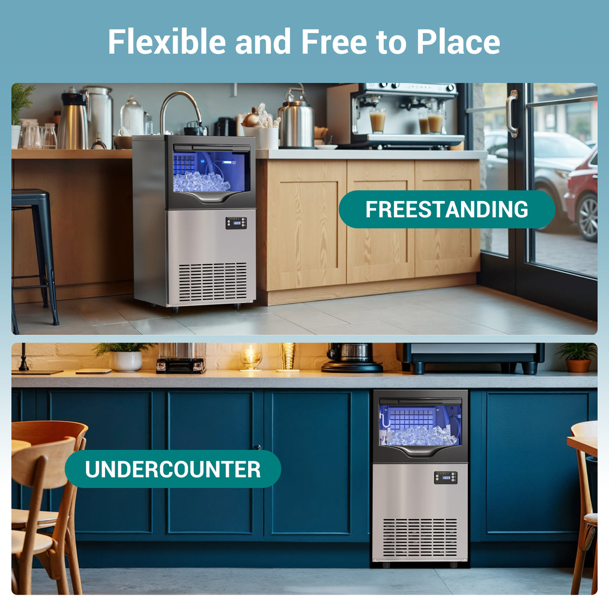 Ecojoy Commercial Ice Maker, counter ice machines 100lbs Maximum Output, Cubed Ice, Silver with 33 lbs Storage Bin