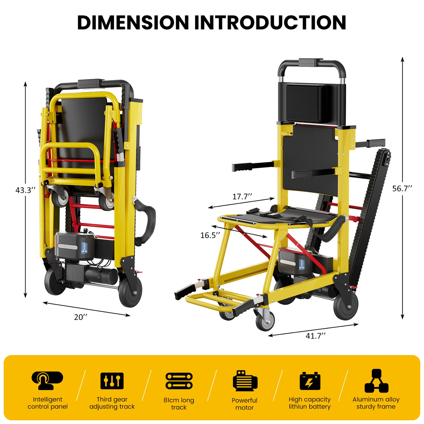 Ecojoy Portable Electric Chair - Stair Climbing, Track Stair Chair Electric Wheelchair, Yellow, 440lb Limit