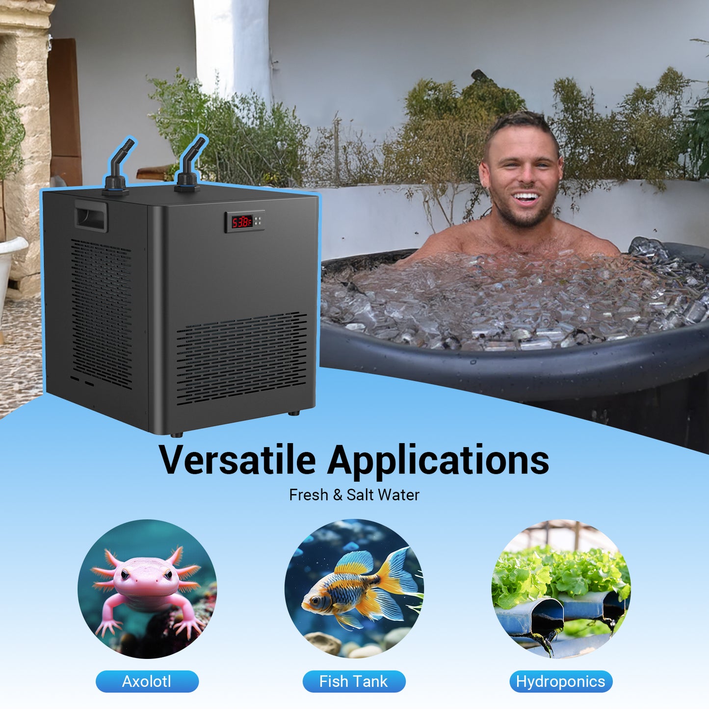 Ecojoy 1/2 HP Aquarium Chiller, 132 Gallon Ice Bath Water Chiller for Cold Plunge (45°F ~ 89°F), Fish Tank Chiller with Pump and Quiet Design Compressor