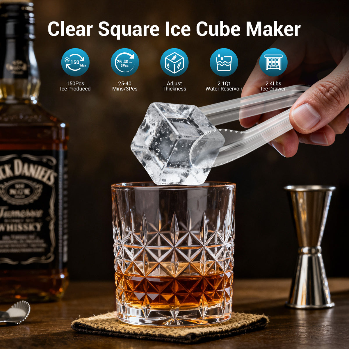 Ecojoy 1.6' Clear Ice Cube Maker Countertop, 200 Pcs Daily Cubes 3 Square Ice in 20-40 Mins for Whiskey, Slow-Melting & Self-Cleaning, 24H Timer, with Ice Tong for Home/Bar/Party