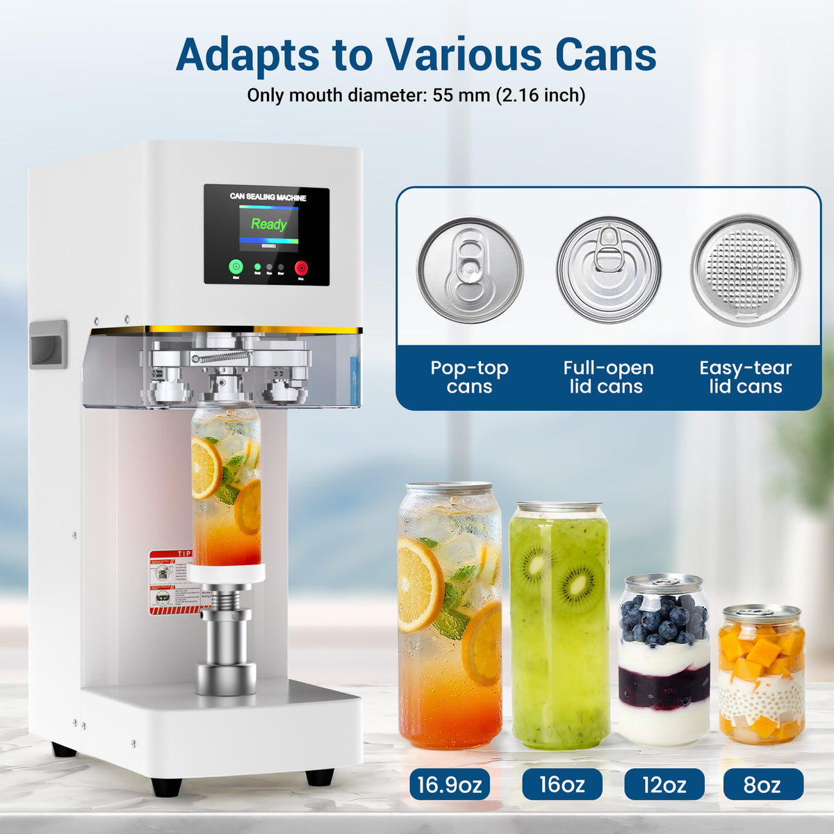 Ecojoy Commercial Can Sealer Machine for Drinks, Automatic Beverage Can Sealing Machine with 360° Seam Technology & Auto Lift System, Heavy-Duty Soda Sealer for Aluminum & Plastic Cans, White