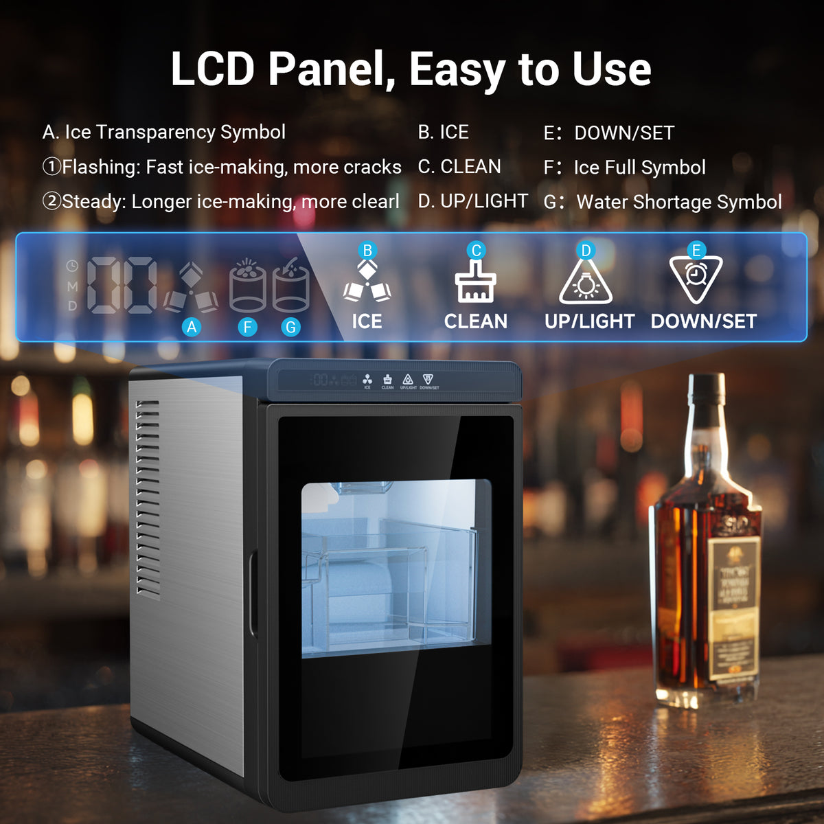 Ecojoy 1.6' Clear Ice Cube Maker Countertop, 200 Pcs Daily Cubes 3 Square Ice in 20-40 Mins for Whiskey, Slow-Melting & Self-Cleaning, 24H Timer, with Ice Tong for Home/Bar/Party