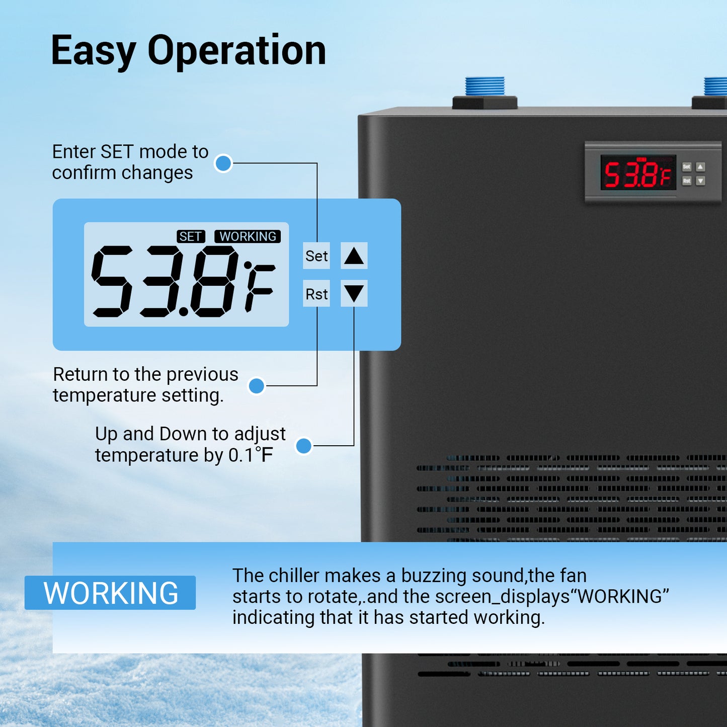 Ecojoy 1/2 HP Aquarium Chiller, 132 Gallon Ice Bath Water Chiller for Cold Plunge (45°F ~ 89°F), Fish Tank Chiller with Pump and Quiet Design Compressor
