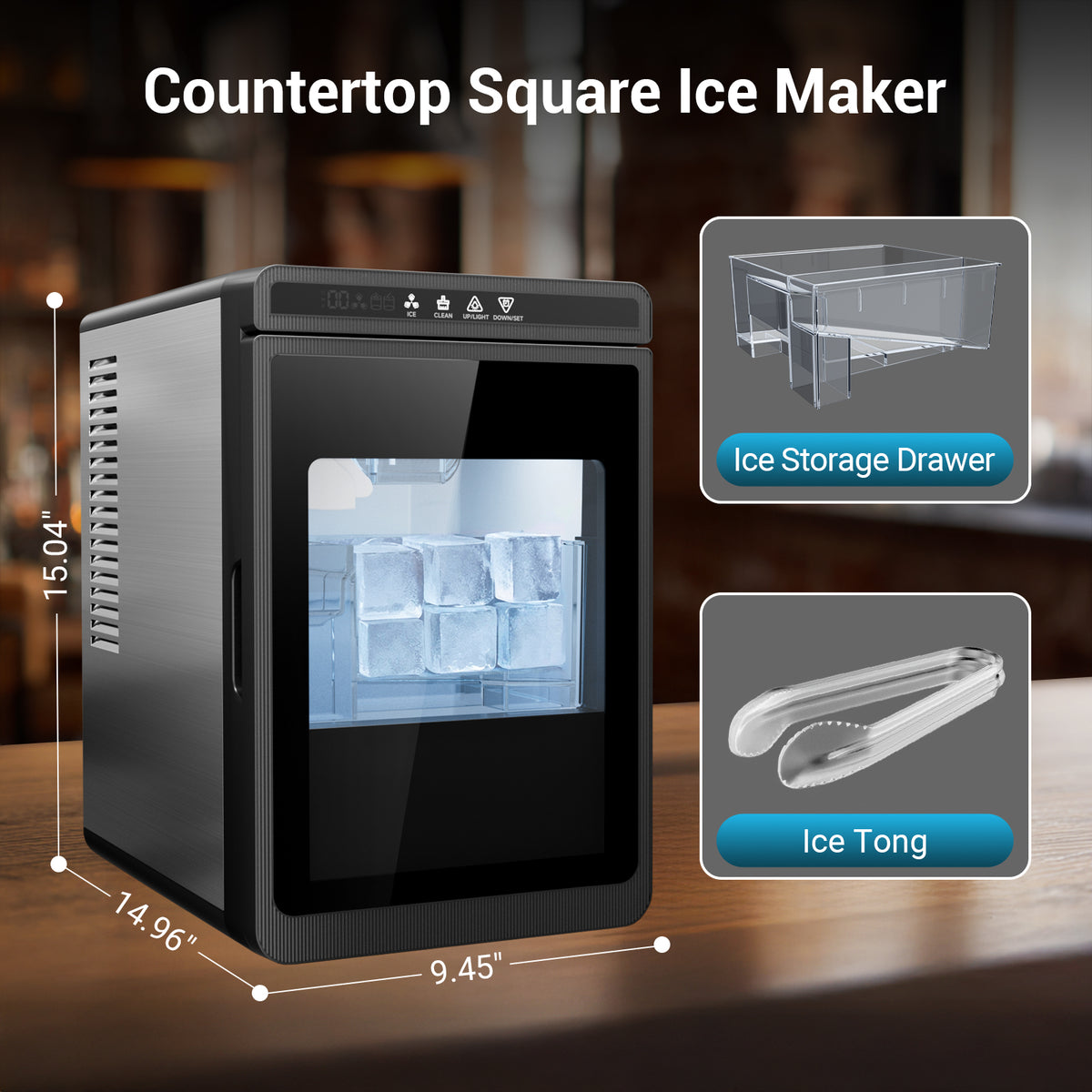 Ecojoy 1.6' Clear Ice Cube Maker Countertop, 200 Pcs Daily Cubes 3 Square Ice in 20-40 Mins for Whiskey, Slow-Melting & Self-Cleaning, 24H Timer, with Ice Tong for Home/Bar/Party